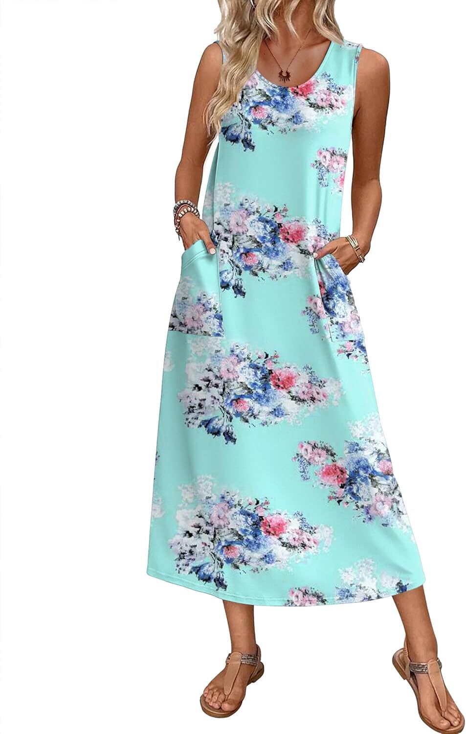 Sleeveless Nightgown for Women Long Printed House Dress with Pockets Soft