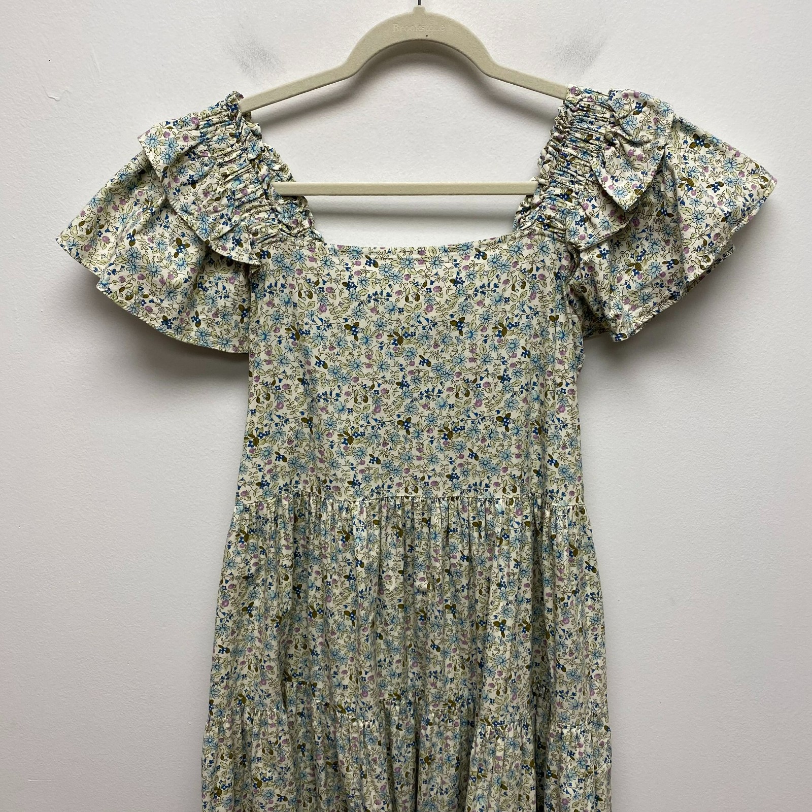 Mable Womens Beige Ditsy Floral Square Neck Ruffle Sleeve Tiered Midi Sundress S