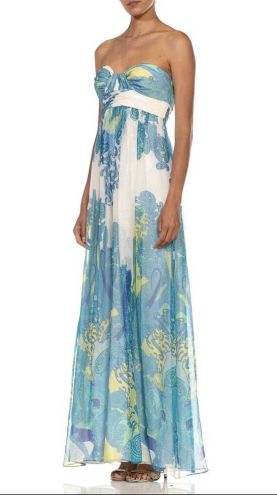 Aidan by Aidan Mattox Blue and White Silk Chiffon Strapless Maxi Dress Size 12