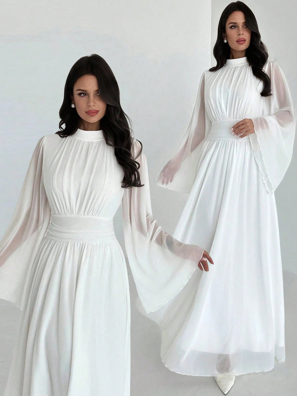 Elegant Ladies Long Dress With Stand Collar And Bell Sleeves
