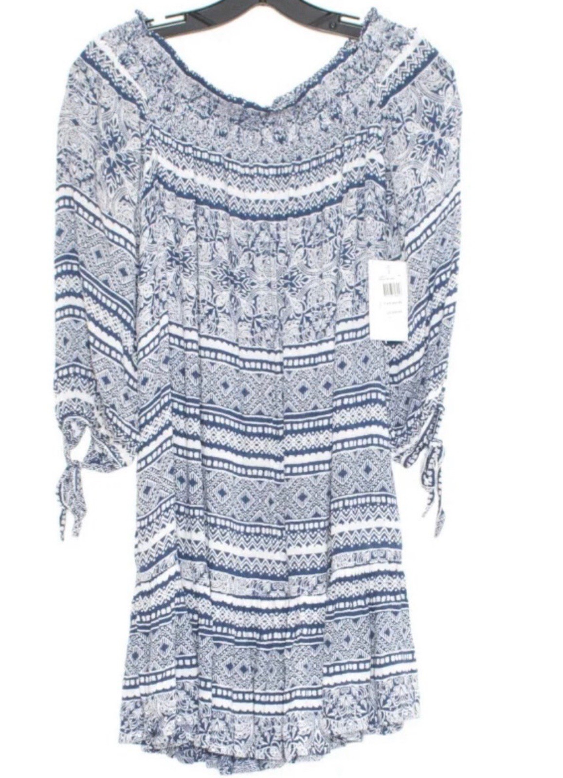 NWT Rip Curl Women’s Dress Southeast Swell Boho Blue White Smocked Off Shoulder