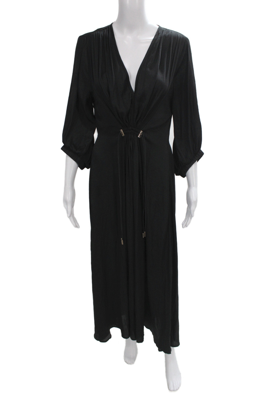 Uli Herzner Womens Maxi Dress Black V-Neck 3/4 Sleeve Drawstring Size M