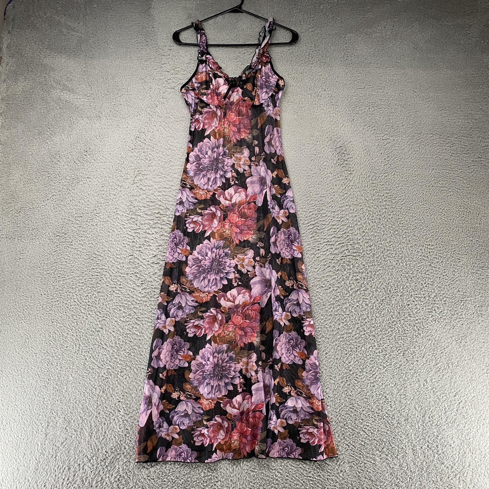 Floral Mesh Slip Maxi Dress Womens Large Fairy Y2K Sheer Dark Romantic Garden