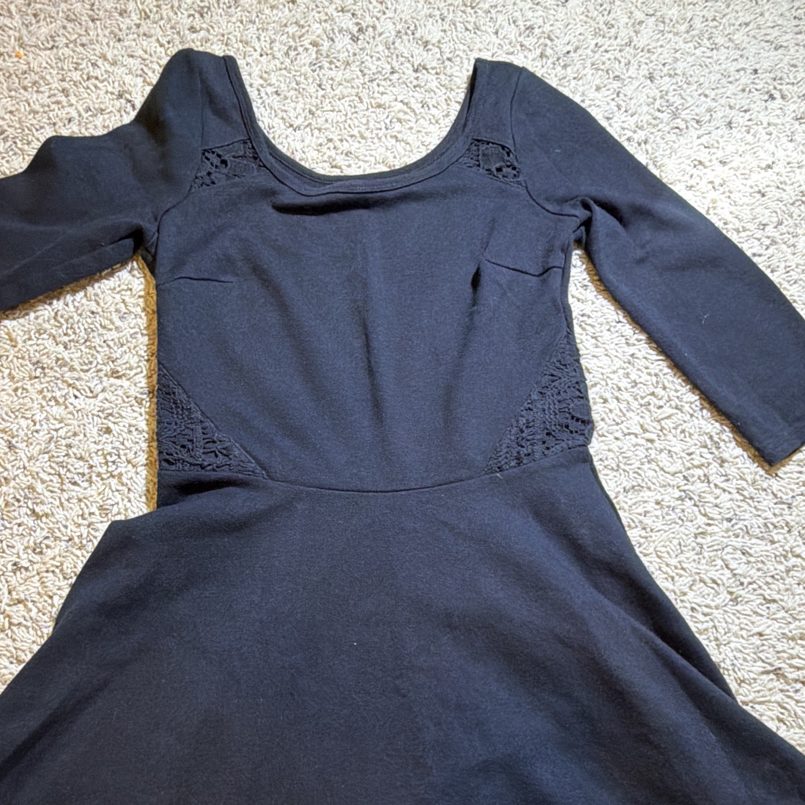 Hollister Black Solid Fit & Flare Lace Accent Scoop Neck 3/4 Sleeve Dress XS
