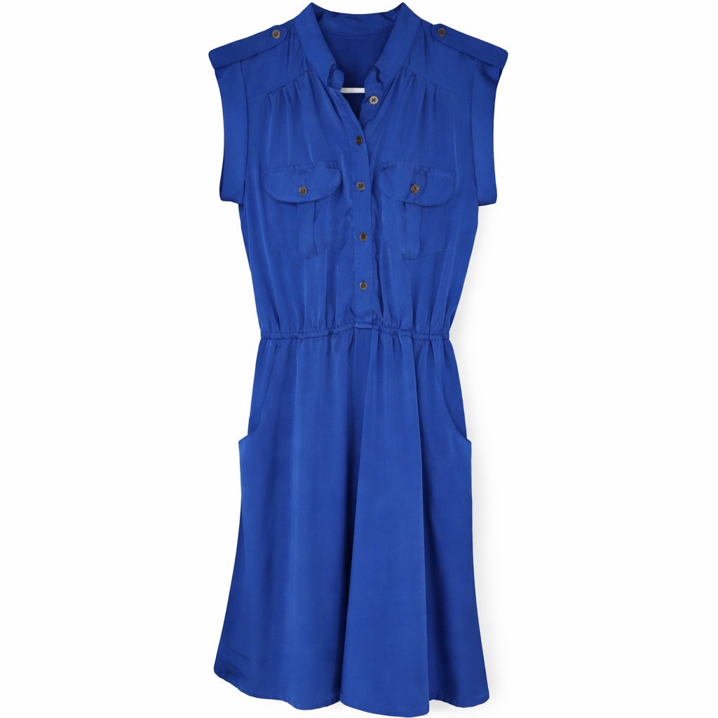 Royal Blue Utility Shirt Dress S Safari Chic Button Front Midi Pockets Elastic