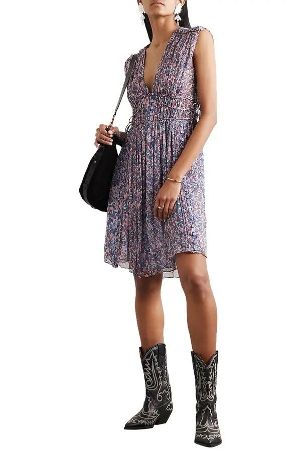 Isabel Marant Women’s Oaxoli Floral Printed Soie Silk Blue Mini Dress Size S 36