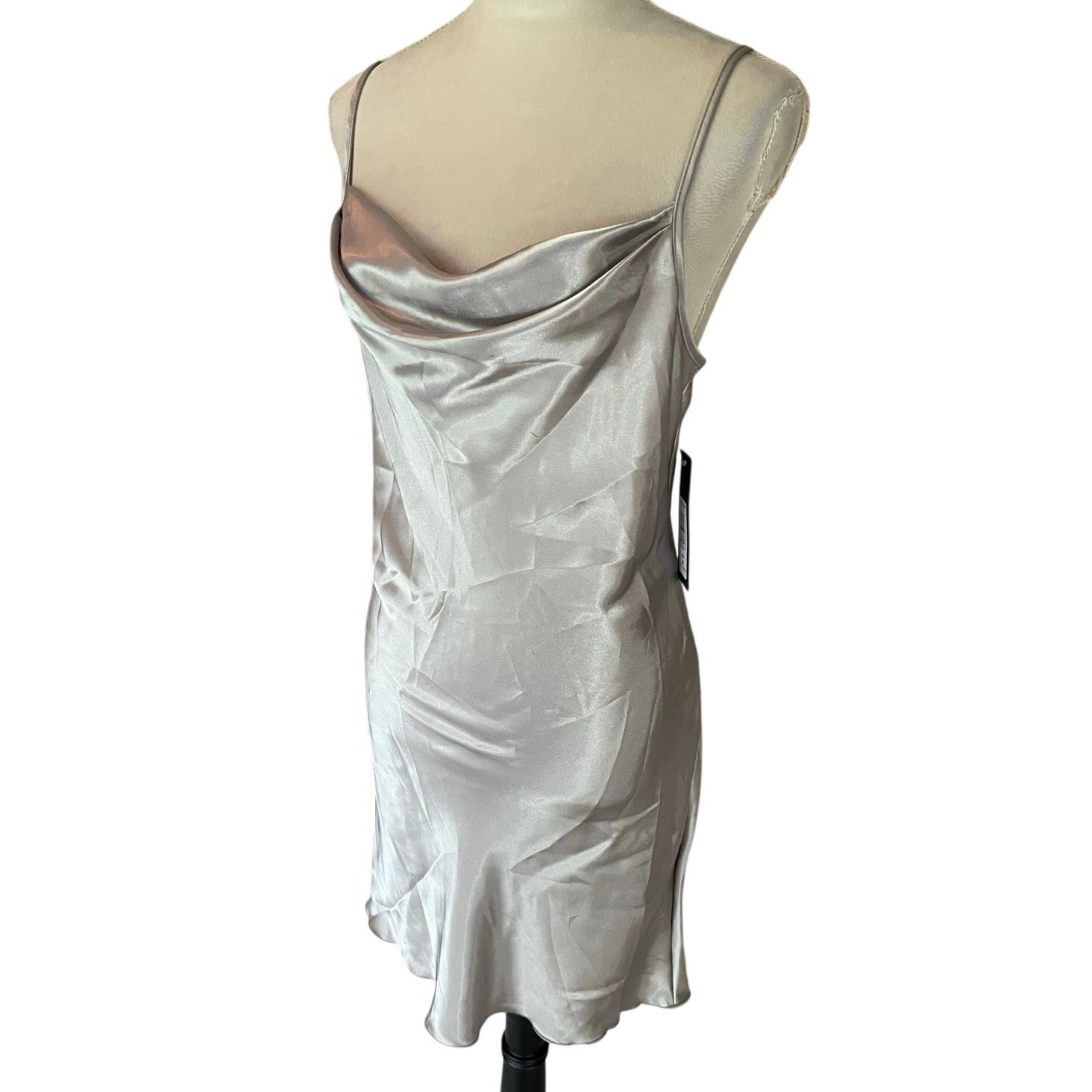 BEBE “Platinum” silver satin slip mini dress