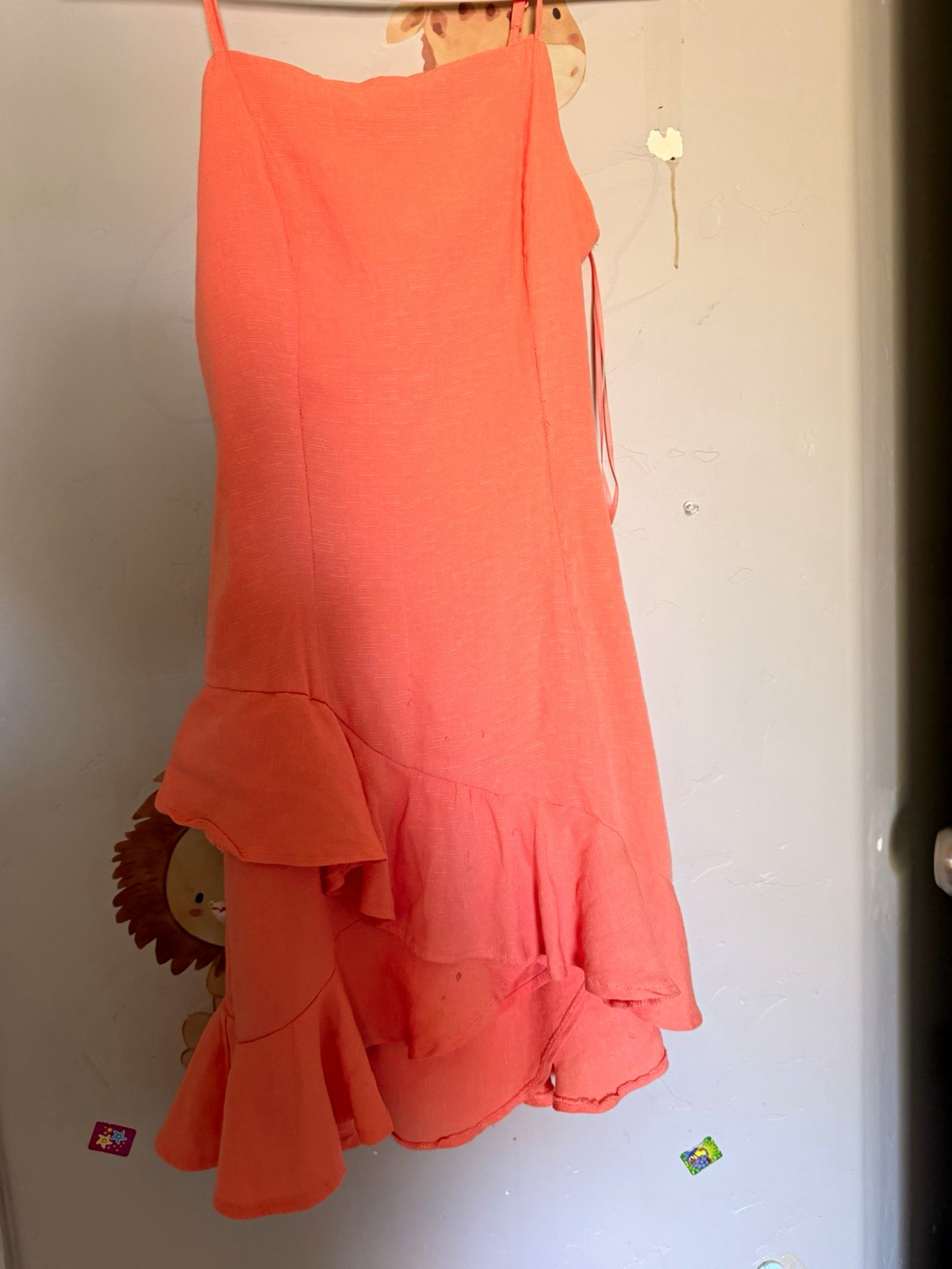Women’s Orange Solid A-Line Midi Dress Spaghetti Straps Ruffle Hem Tie Bow M