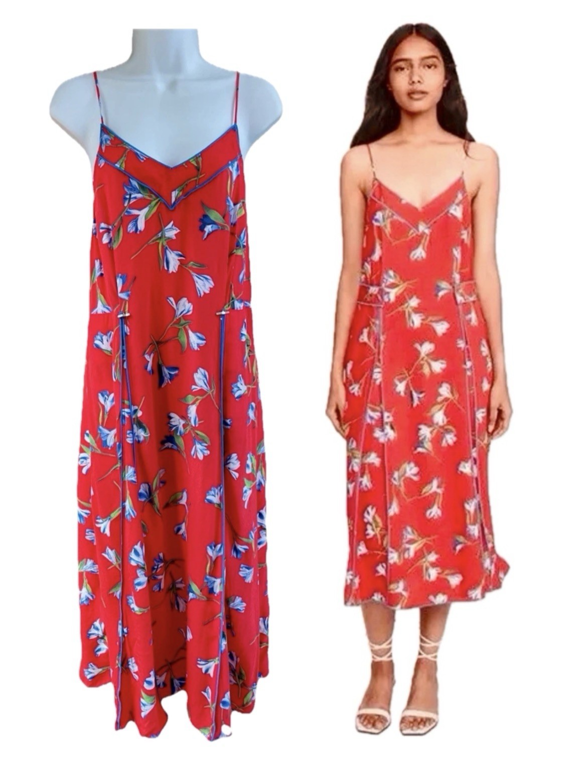Rag & Bone Red Floral Slip Dress Small S Piping Trim Unbelted $495 Summer Pleats