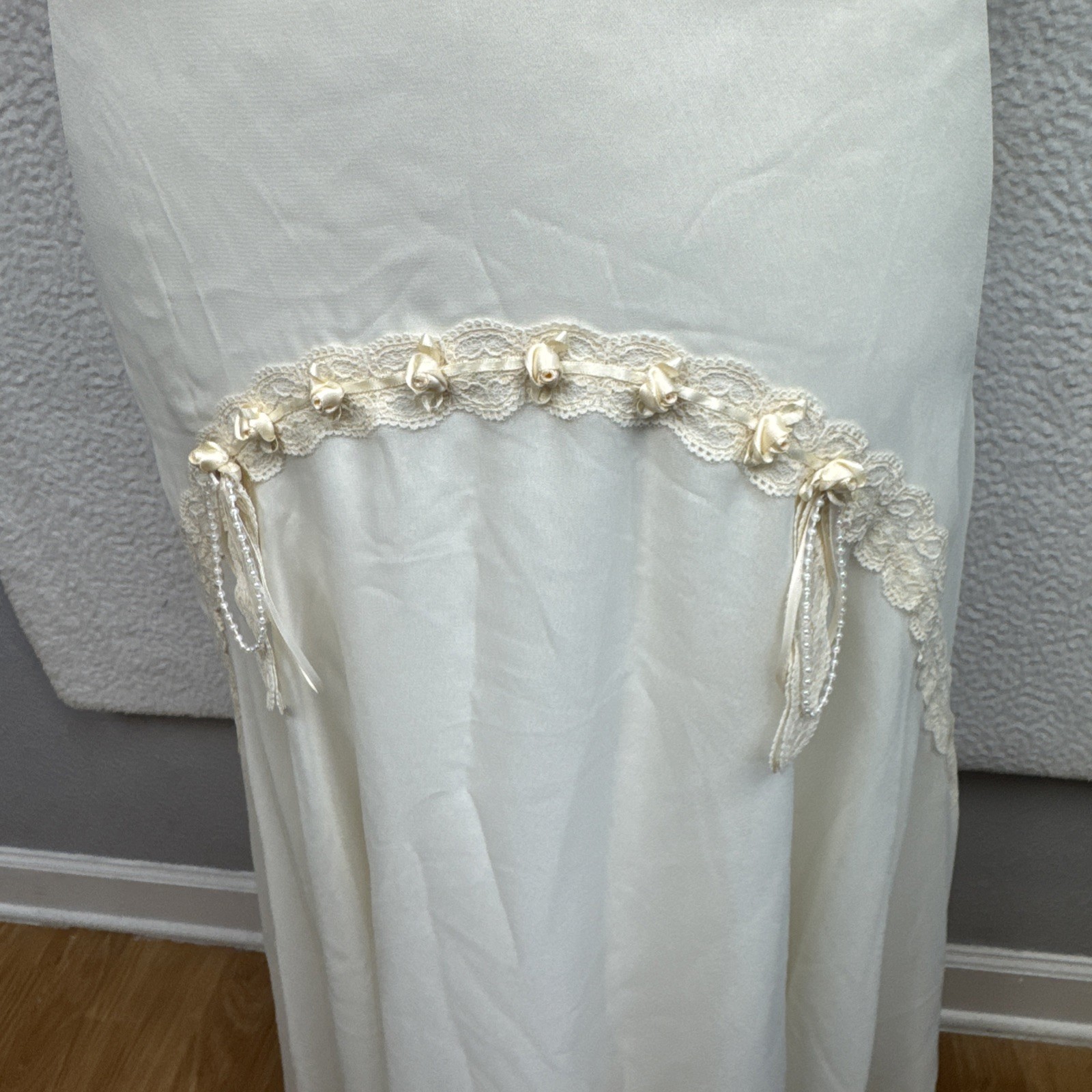 Women’s Ivory Cream Lace Bead Accent Maxi Dress Cottagecore Bridal Elegant