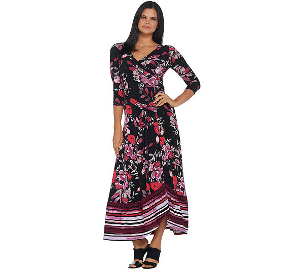 Du Jour Regular Floral Printed Faux Wrap Knit Maxi Dress-Black-X-Small A342305