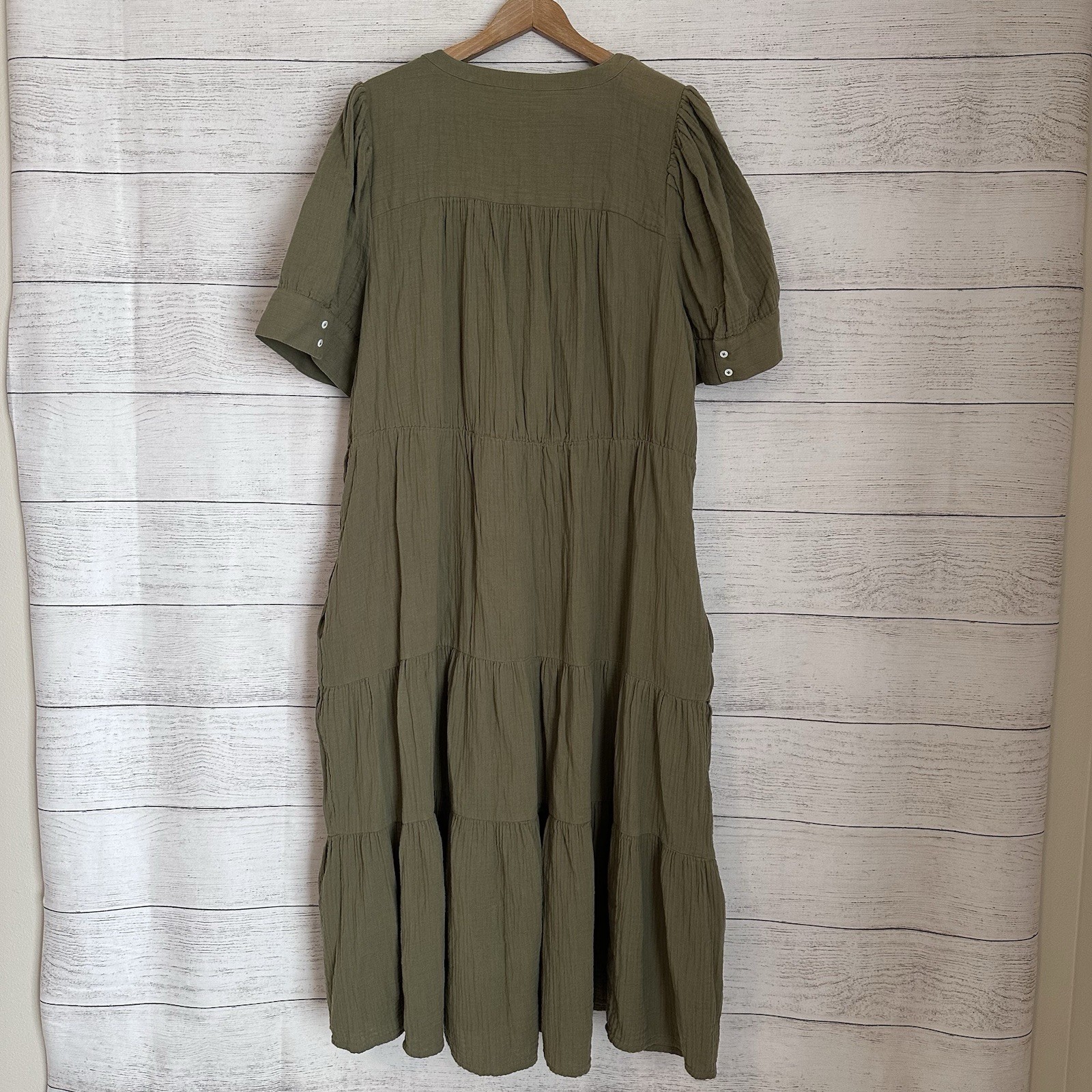 Madewell Lightspun Cuff-Sleeve Button-Front Tiered Midi Dress 22W