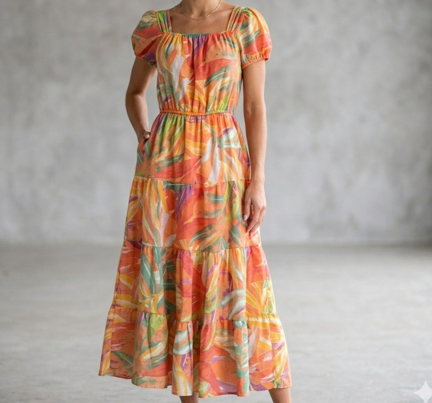 Tropical Tiered Maxi Dress Size M Colorful Puff Sleeve Square Neck Indigo Rose