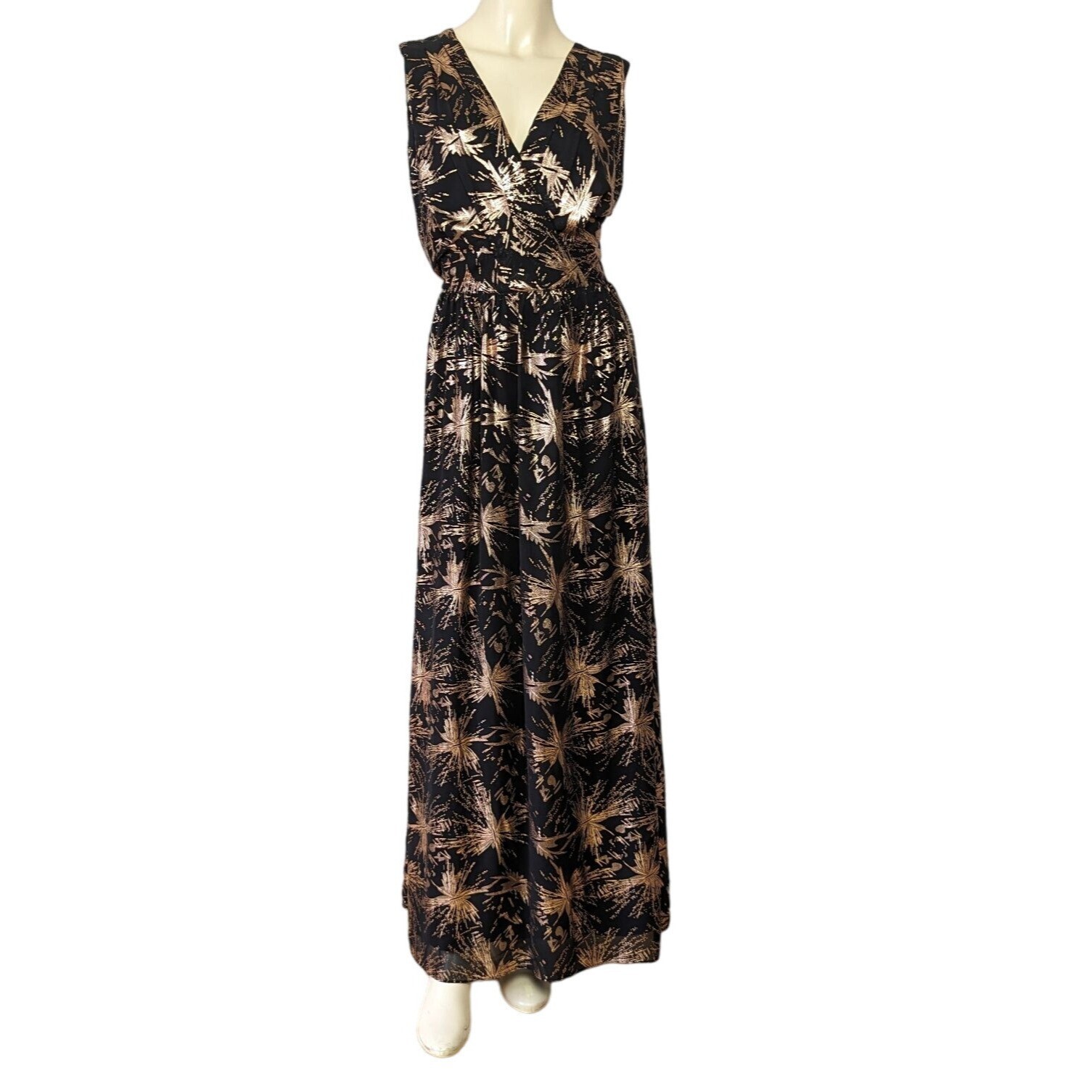 MAIA sleeveless V neck black and rose gold abstract splash print Maxi dress 10