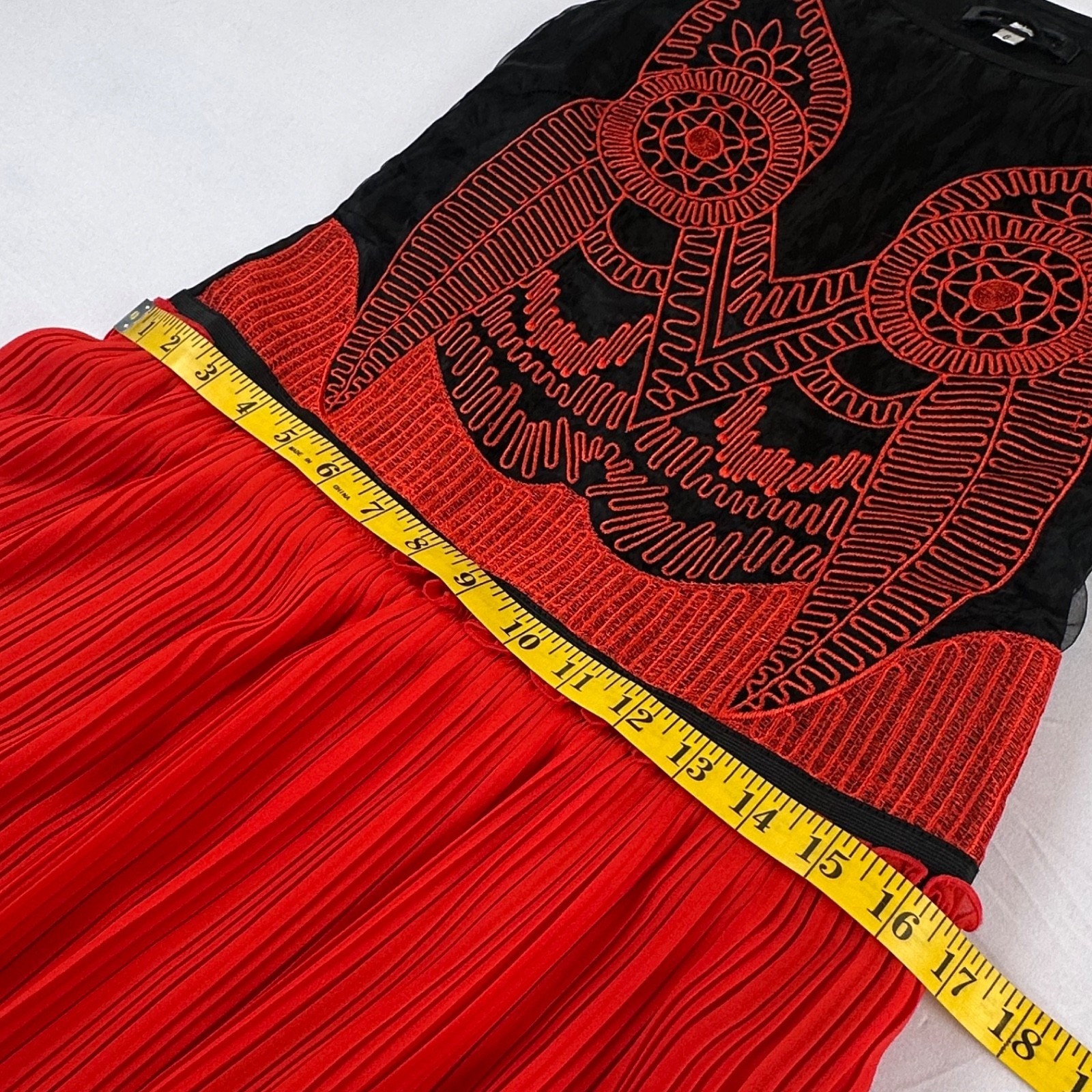 Boho Chic Statement Silk Maxi Dress Sz 6 Pleated Embroidered Owl Artsy Red Black