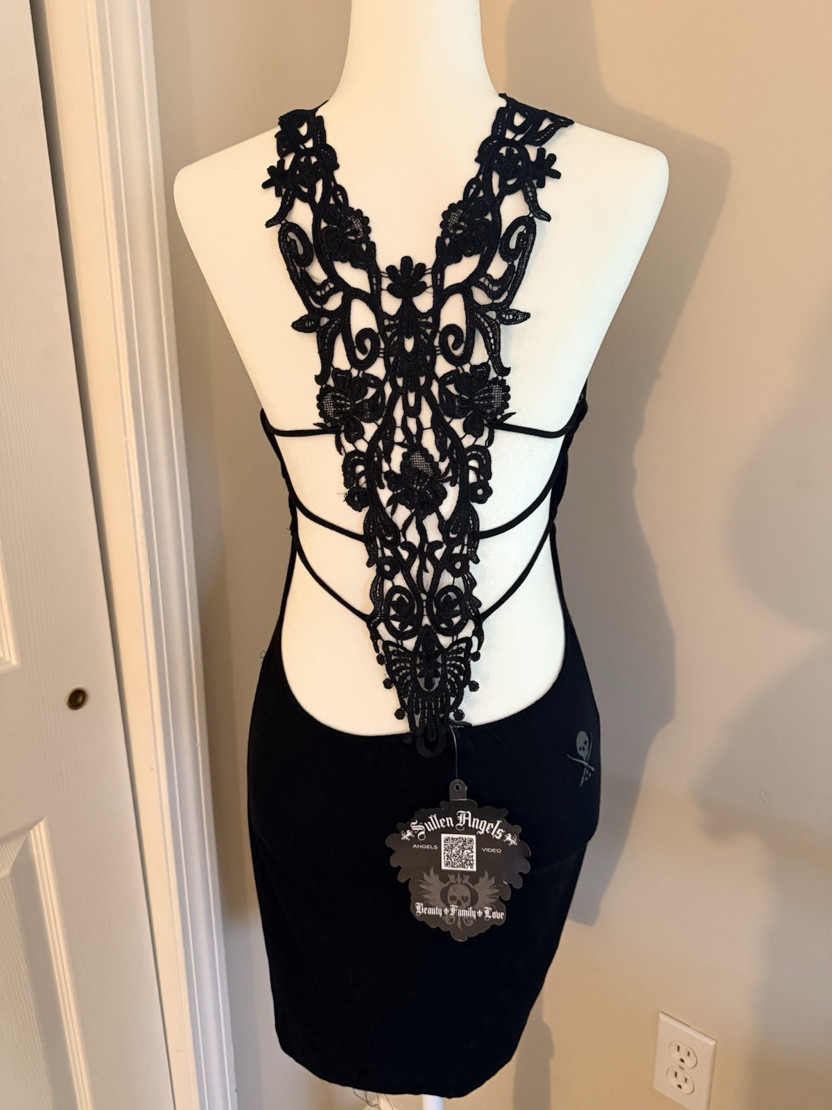 Sullen Angels Black Bodycon Dress M Backless Lace Skull Print. Tattoo. Pinup.