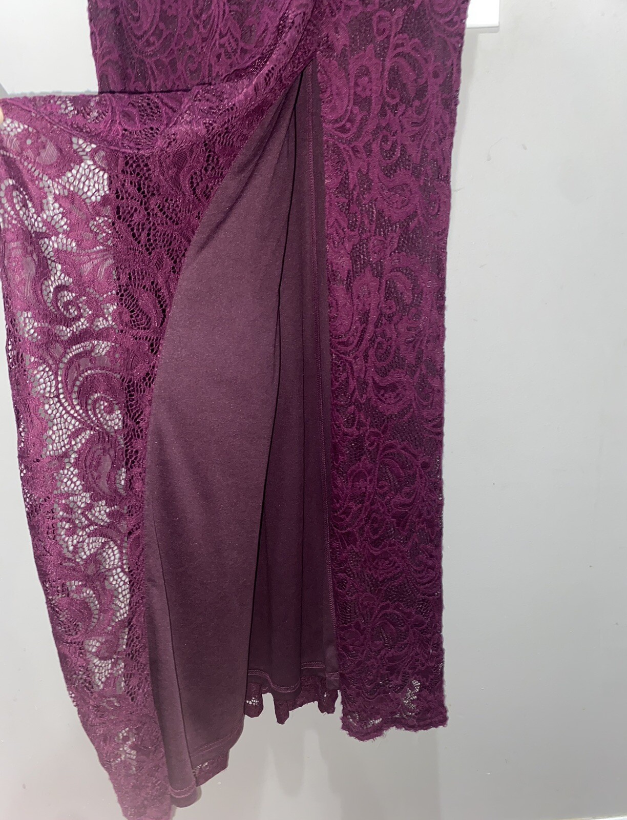 NWT Adrianna Papell Floor Length Lace Dress w/ Draped Skirt, Eggplant, sz 14
