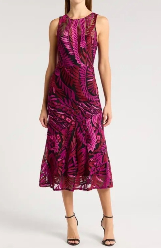 SAM EDELMAN Laurel Leaf Embroidered Midi Dress Sz 12 Pink Red Black Sleeveless
