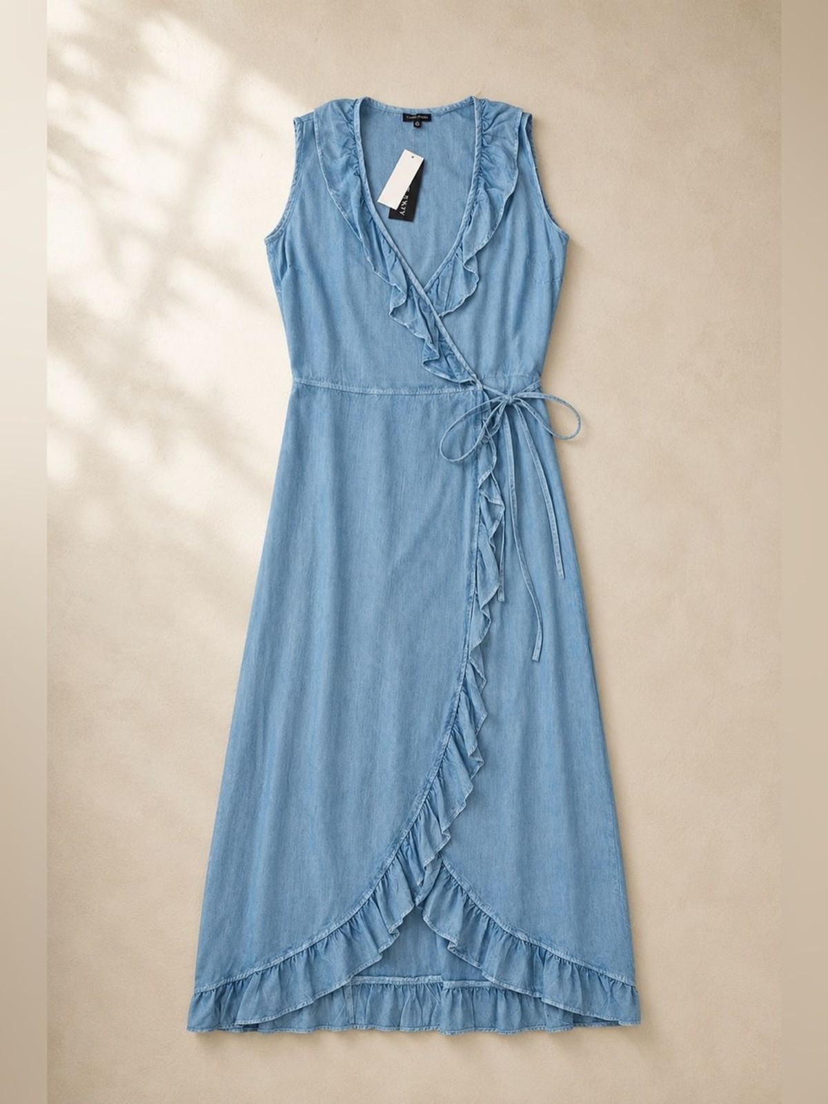 Wrap Ruffle Maxi Dress XL NWT Blue Denim Chambray Look Style Envy