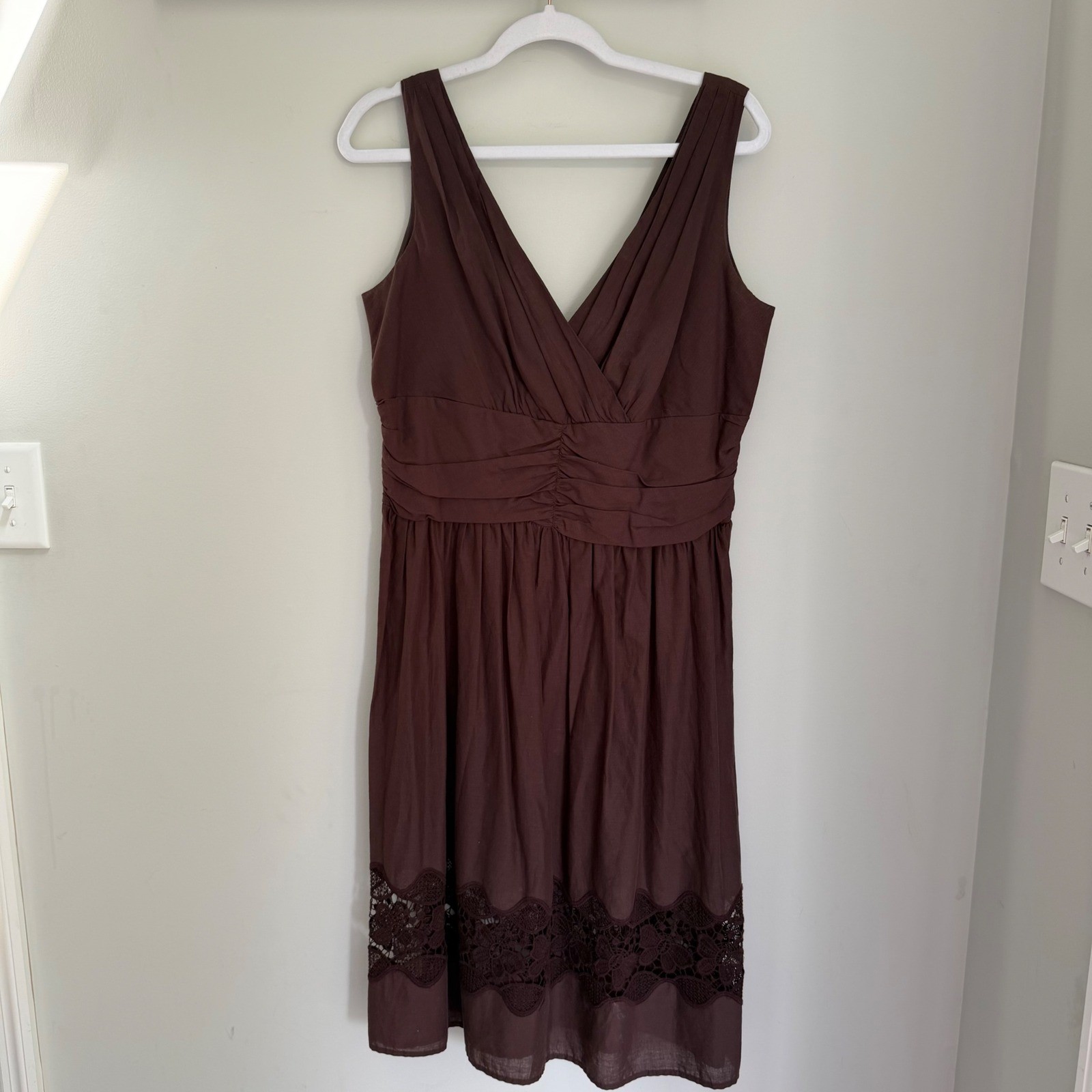 Blu Sage Chocolate Brown Midi Dress Sleeveless Crochet Lace 100% Cotton Size 14