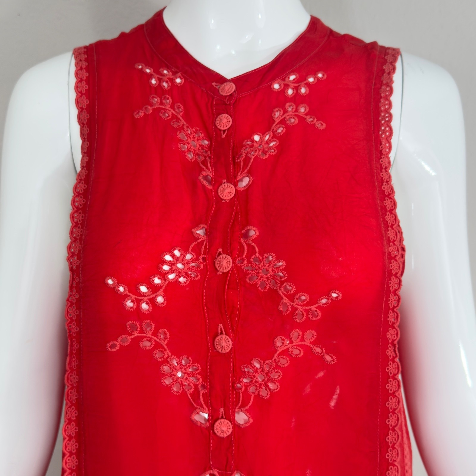 Johnny Was Rhodes Sleeveless Shift Dress Scarlet Red Embroidered Eyelet Accent M