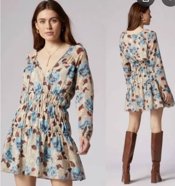 NEW Joie Aminah 100% Silk Blue Tan Floral Mini Dress Sz Small
