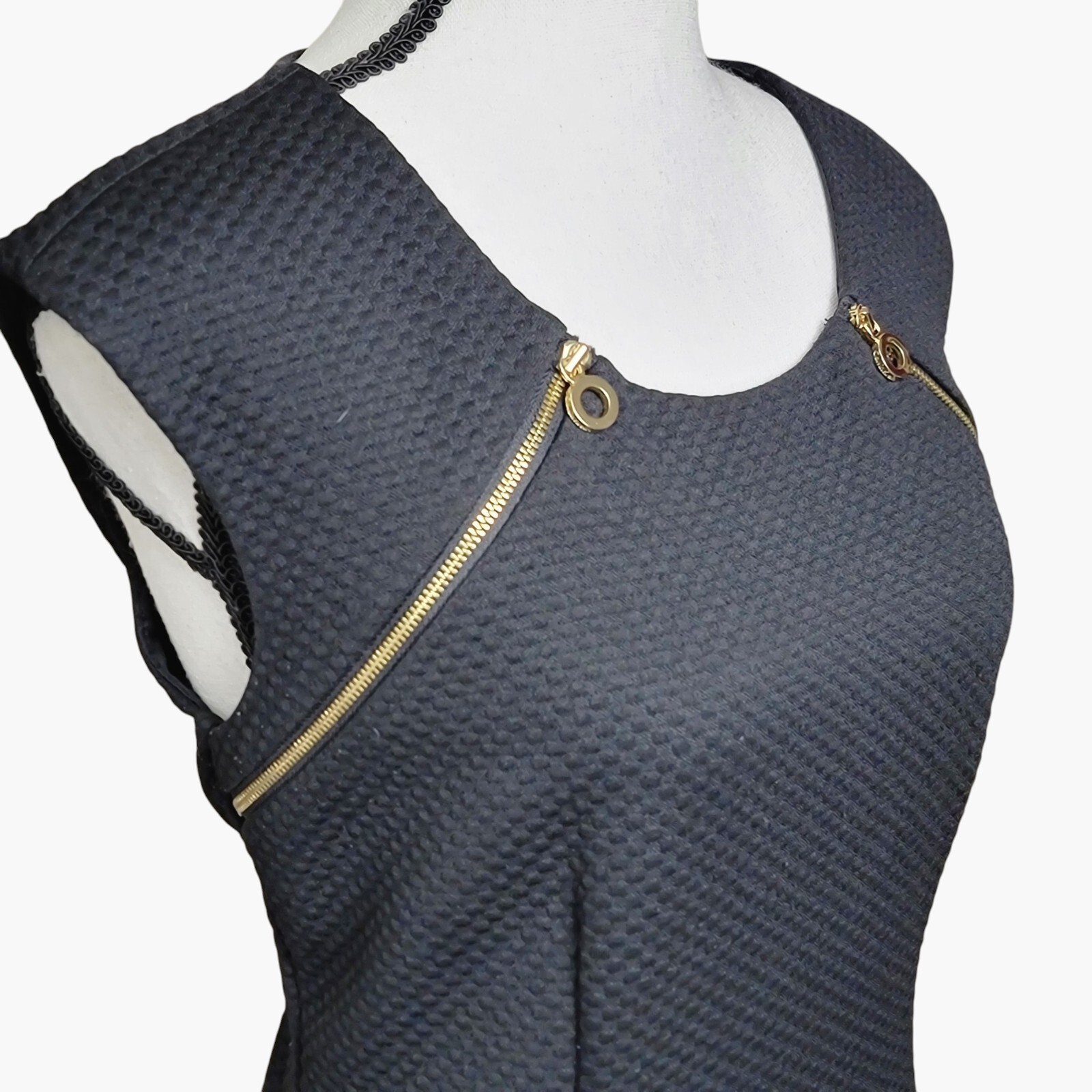 Calvin Klein Black Sheath Dress with Textured Fabric and Gold Zipper Accents