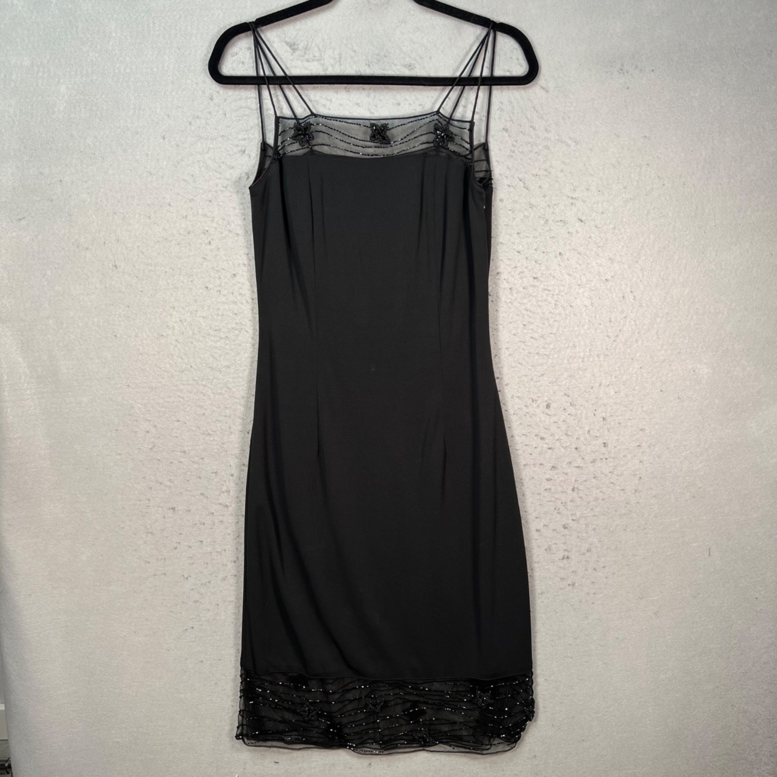 Vintage Rimini Black Beaded Sleeveless Sheath Dress W/ Mesh Overlay Size 8