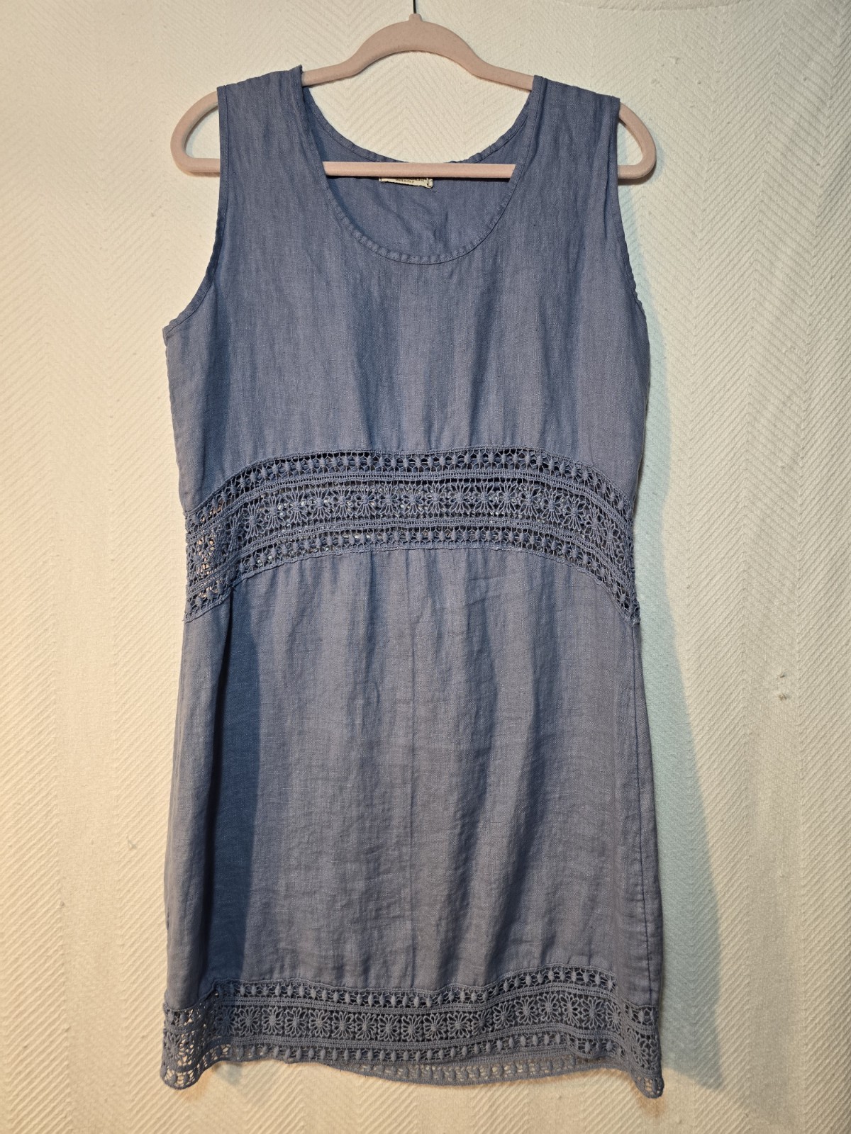 100% Italian Linen Laura Bianchi Crochet Lace Sundress Dress Blue Medium