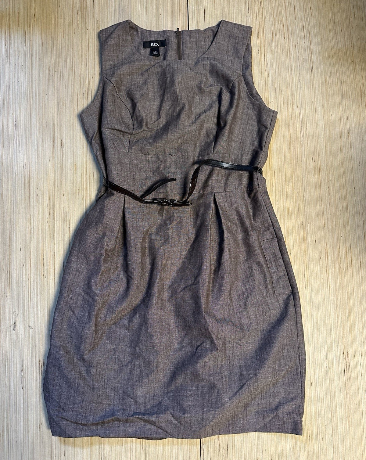 BCX Gray Solid Sheath Scoop Neck Sleeveless Knee Dress Belted Juniors 13