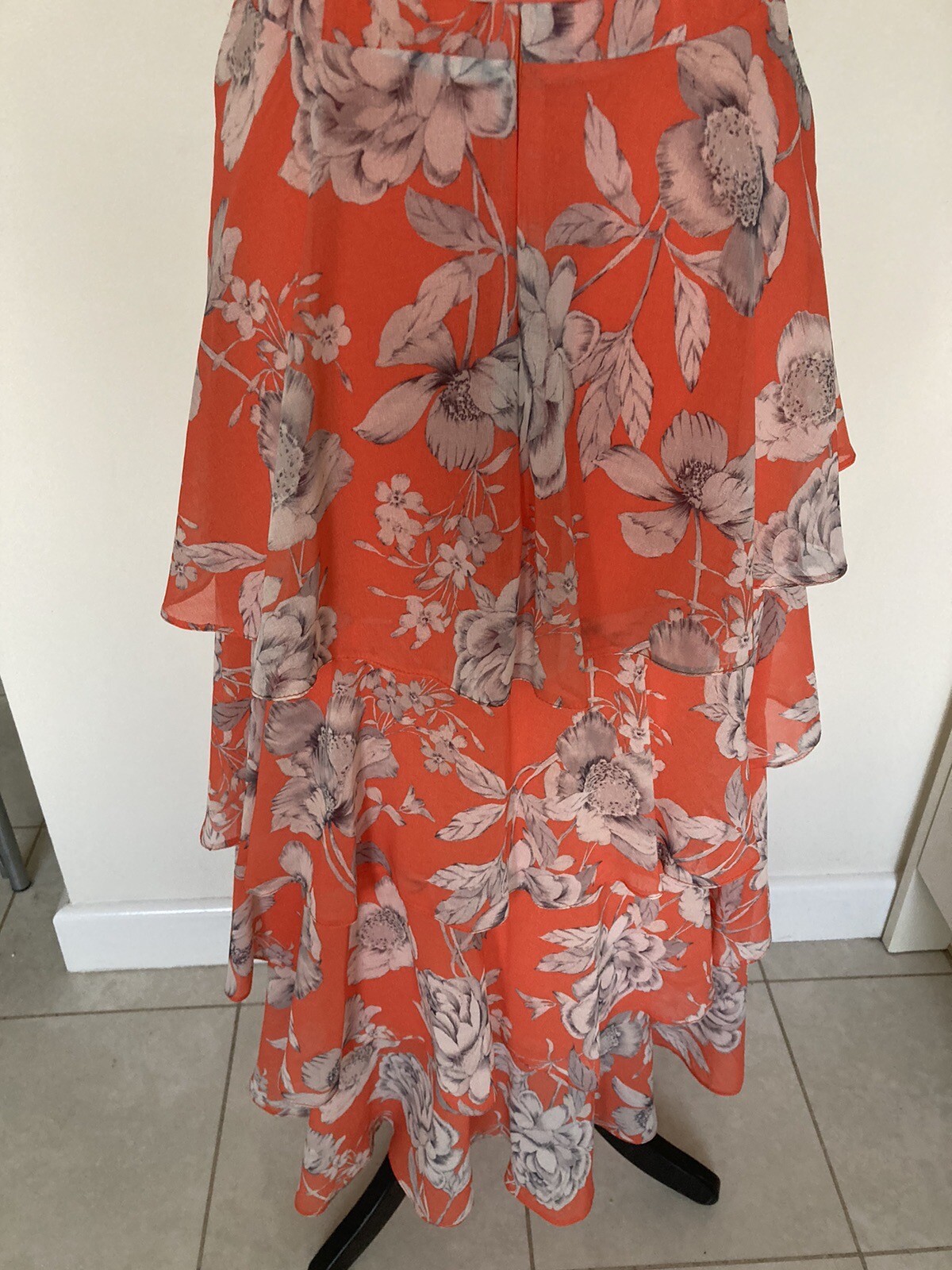 ROMAN ~ Orange Floral Short Floaty Sleeve Ruffle Layered Dress Sz 10