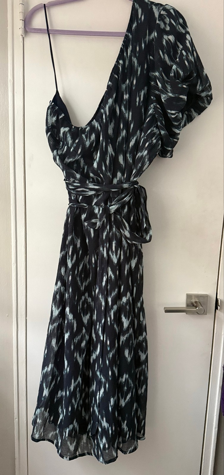 Lane Bryant One Shoulder Print Midi Dress Blue Bubble-Sleeve Ikat Sz 28 $110