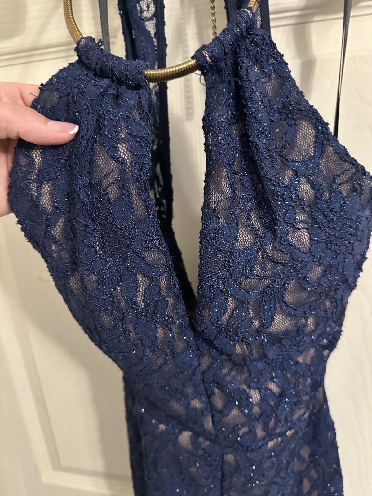 B Darlin Size 11/12 Formal Dress, Navy Blue With Gold Underlay