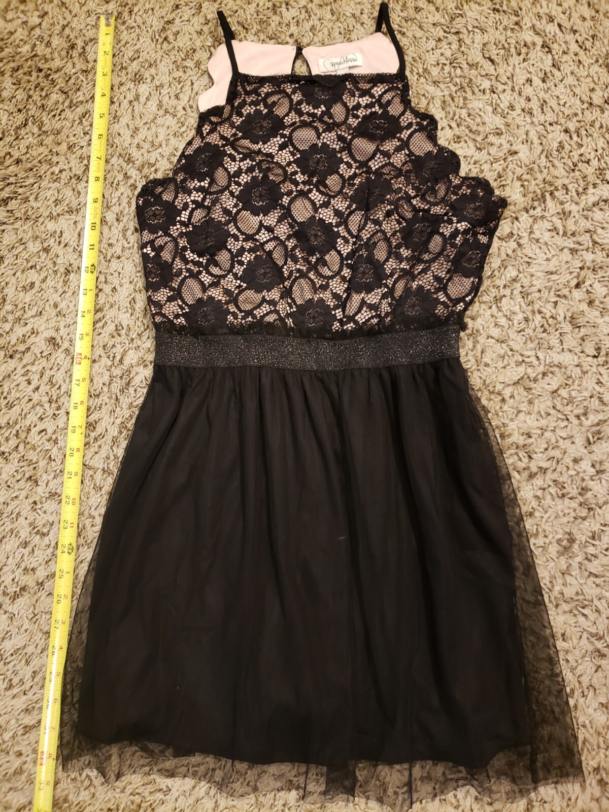SPEECHLESS DRESS JUNIOR LARGE SCALLOPED LACE TULLE BLACK FLESH LINING Formal