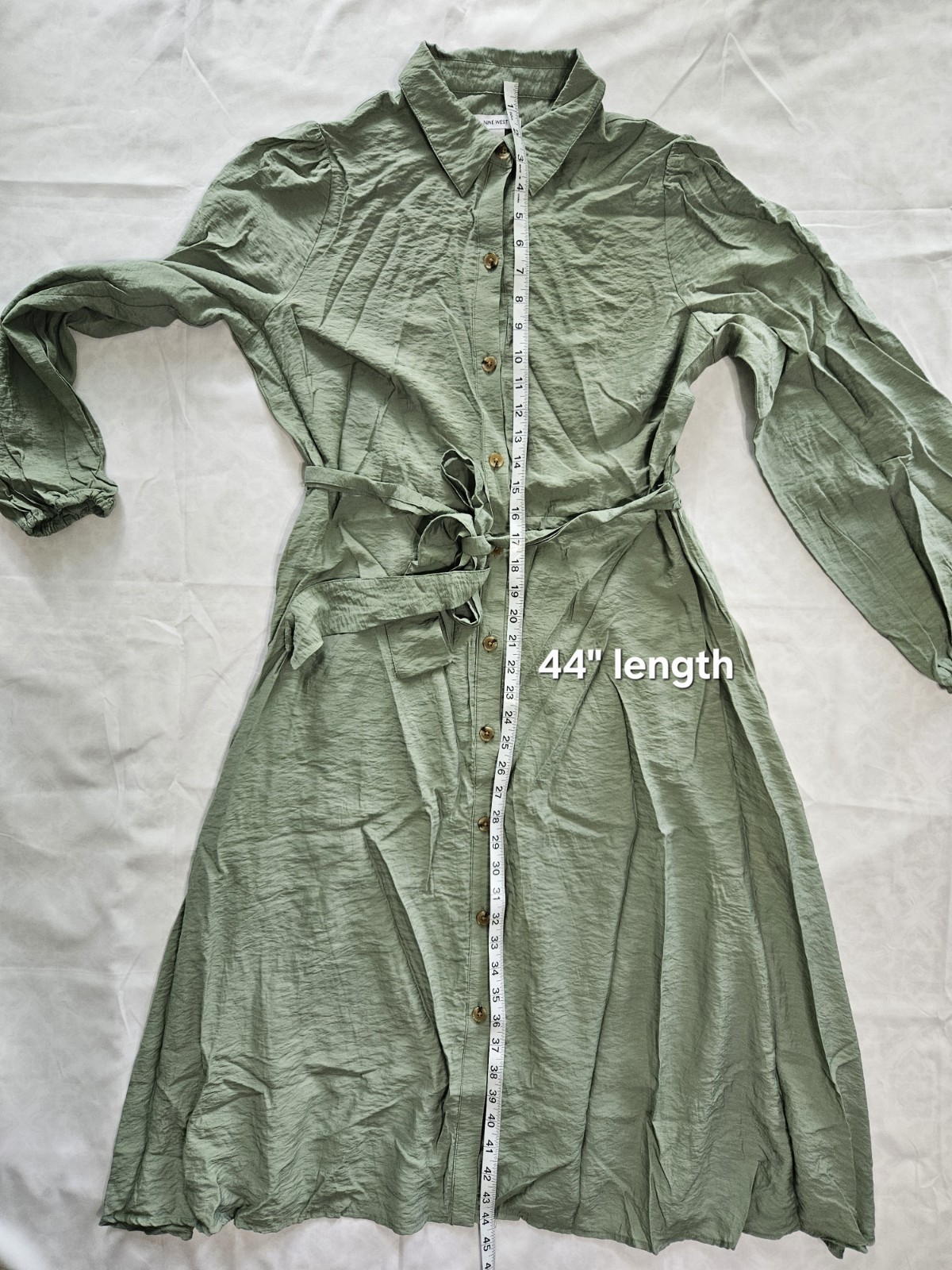 Nine West Womens M Sage Green Button Down Shirt Dress Midi Tie Waist Long Sleeve