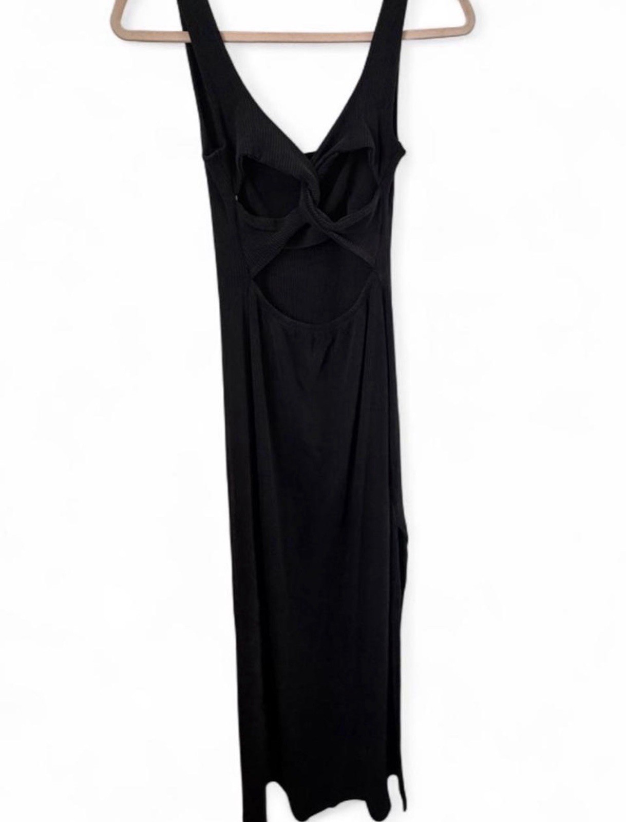 L*Space Women’s Black Solid Ribbed Knit Maxi Dress Square Neck Cut Out Slit M