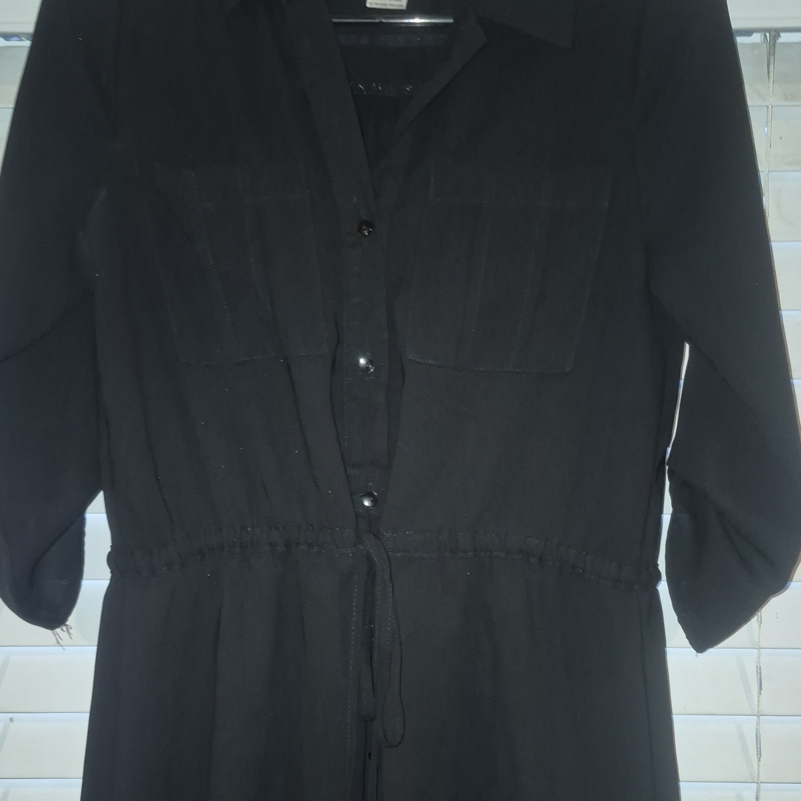 Sienna Sky Black Collared Shirt Dress Button Down Drawstring 3/4 Sleeve M