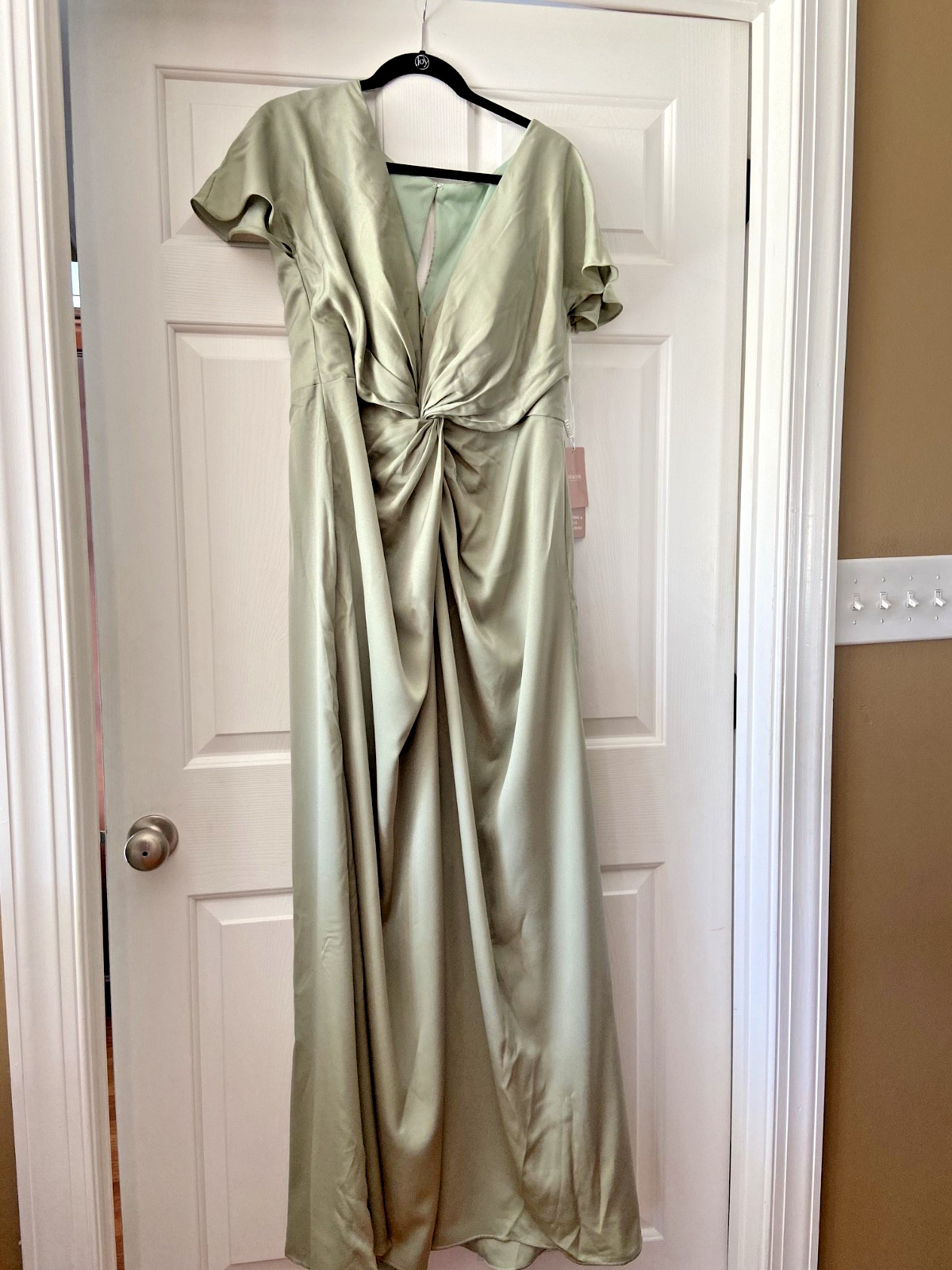 Stacees Satin Bridesmaid Dress Dusty Sage Twist Front Maxi NWT