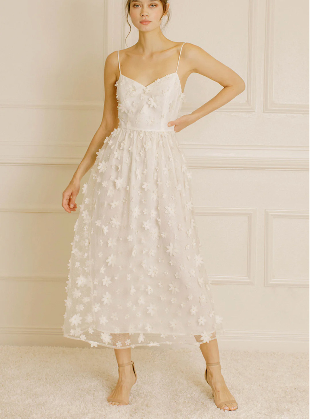 Storia Ivory Daisy Applique Midi Floral Fairycore Dress Bride Ethereal Sz L NW