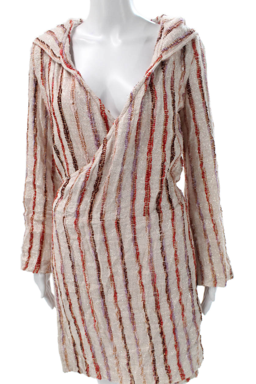 Sundress Womens Beige Striped Cotton V-Neck Long Sleeve Knee Length Size XS