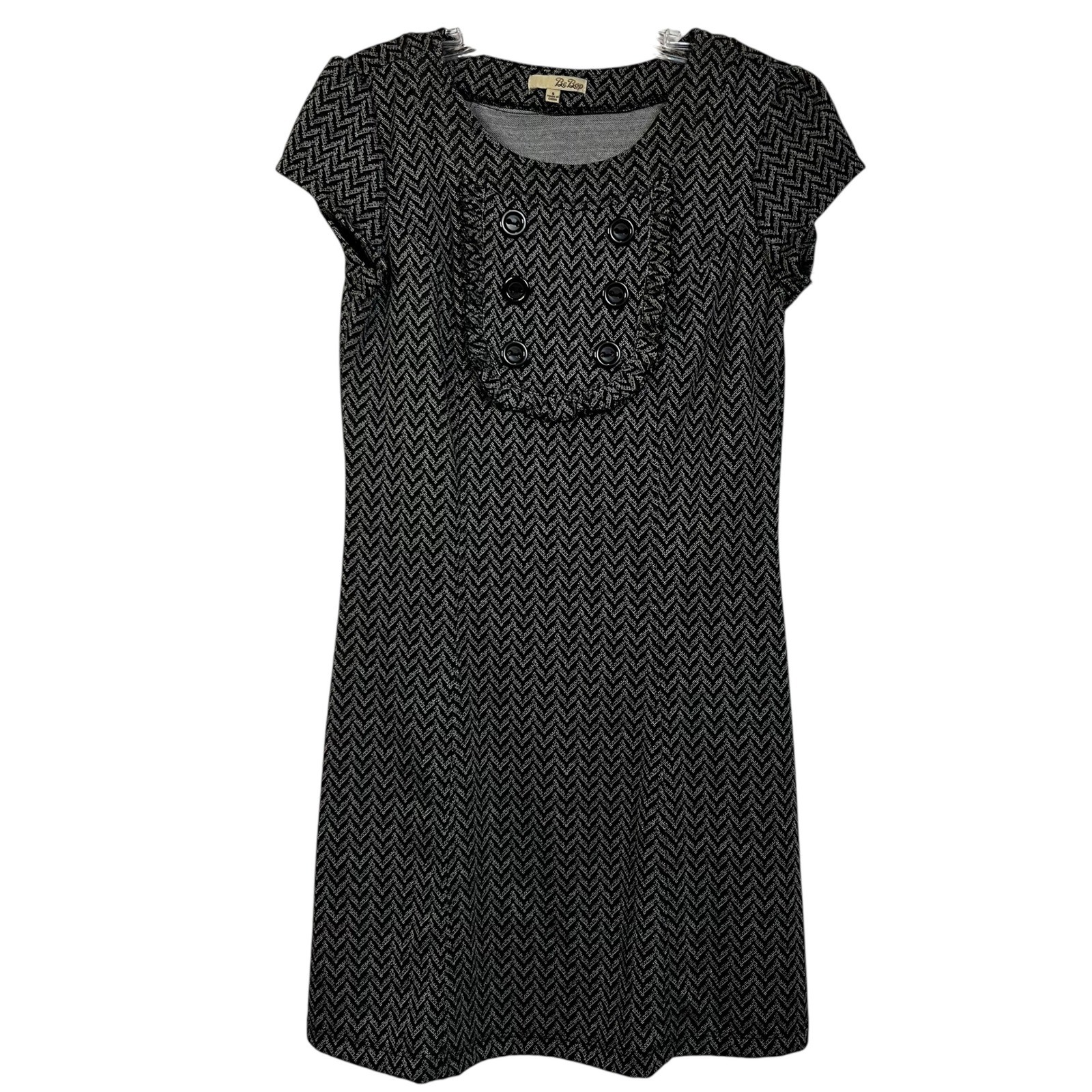 Be Bop Black Gray Chevron Ruffle Bib Button Shift Dress Small Dark Academia
