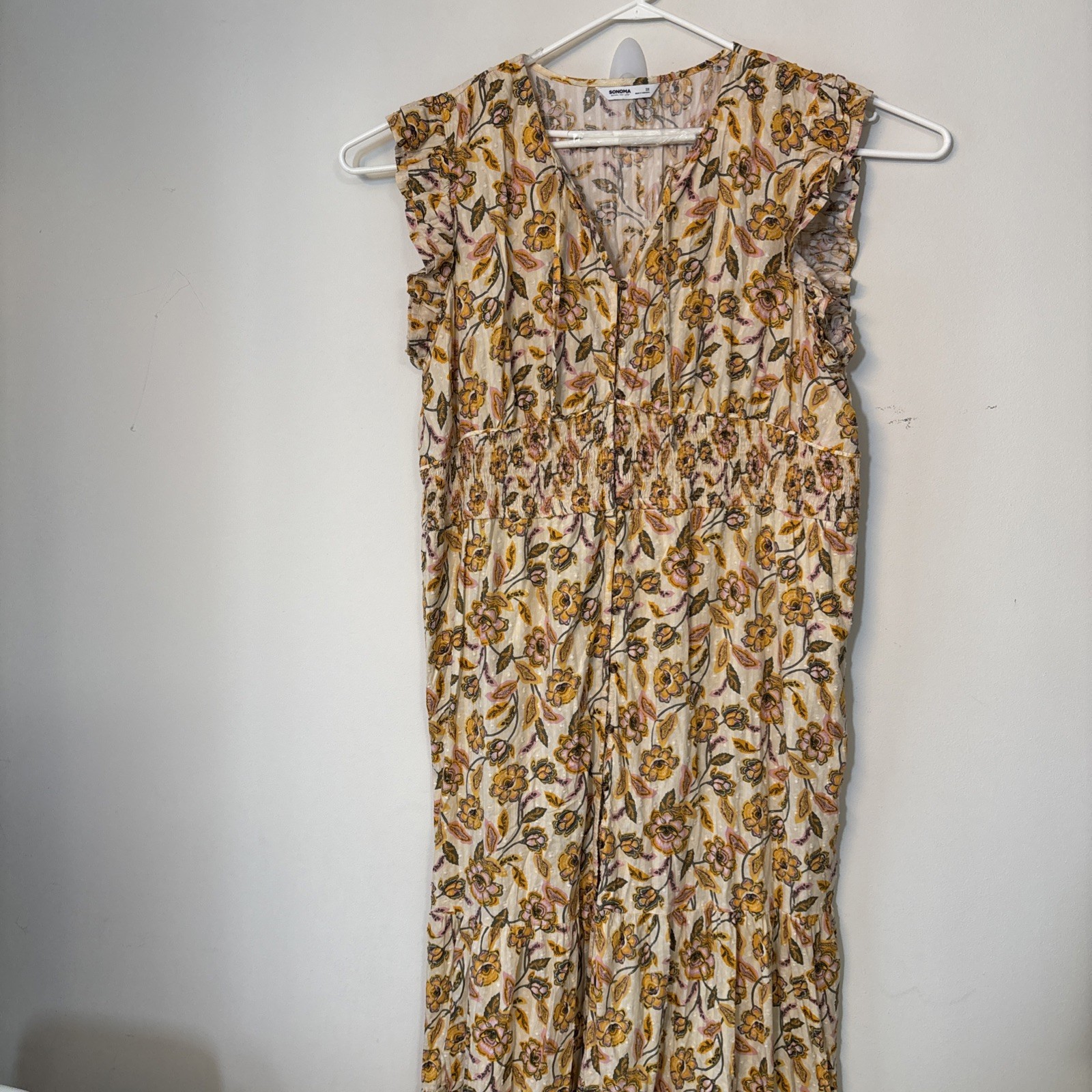 Sonoma Womans 3x Yellow/Gold Floral Swiss Dot Button Up Tiered Maxi Dress