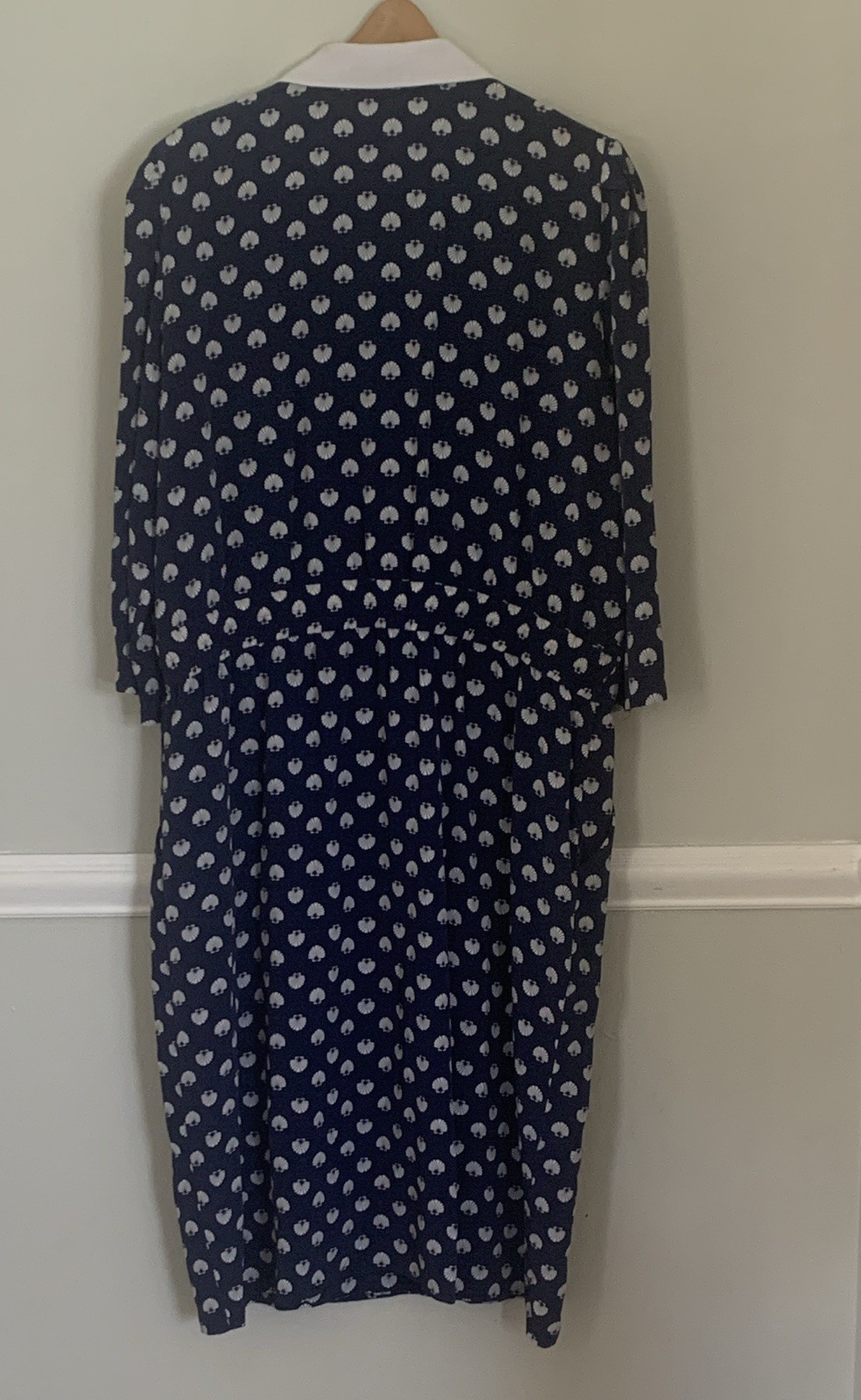 LIZ Vintage Navy/White Shell Print Collared Shirt Dress Midi Elastic Waist L/XL