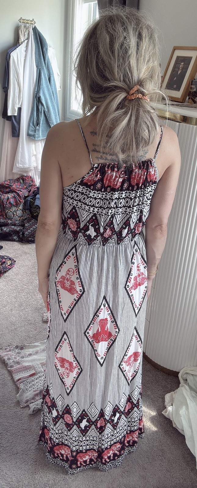 Boho Maxi Dress M/L Black White Red Aztec Tribal Elephant Print Strappy Summer