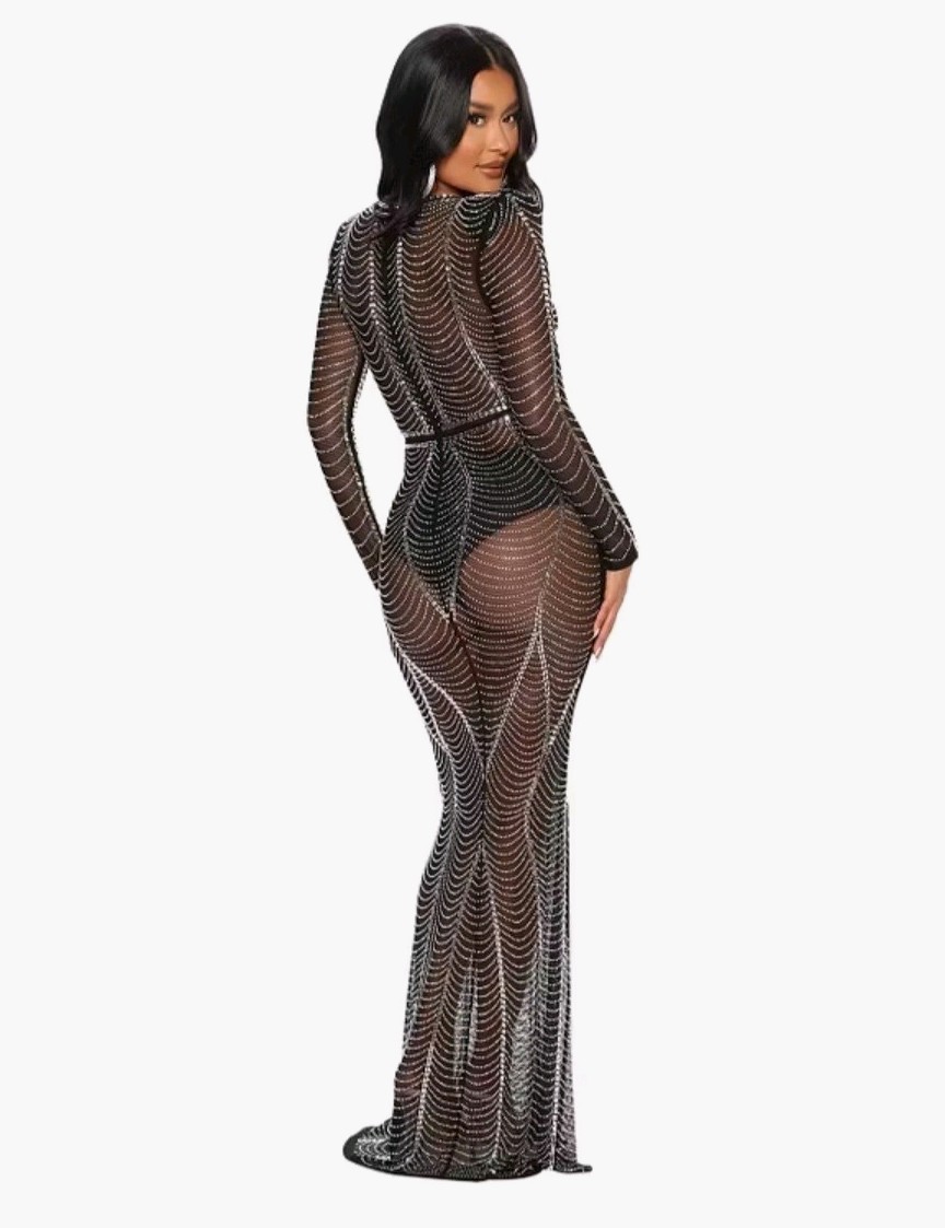 Women’s Black Sheer Stretch Mesh V-Neck Long Sleeve Beaded Gown Dress S
