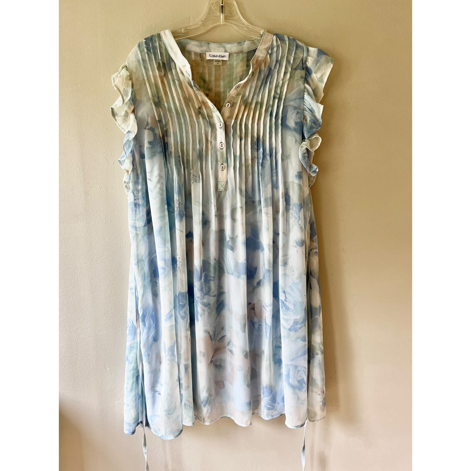 Calvin Klein Size 16 Flutter Cap Sleeve A Line Midi Lined Dress Floral V Neck