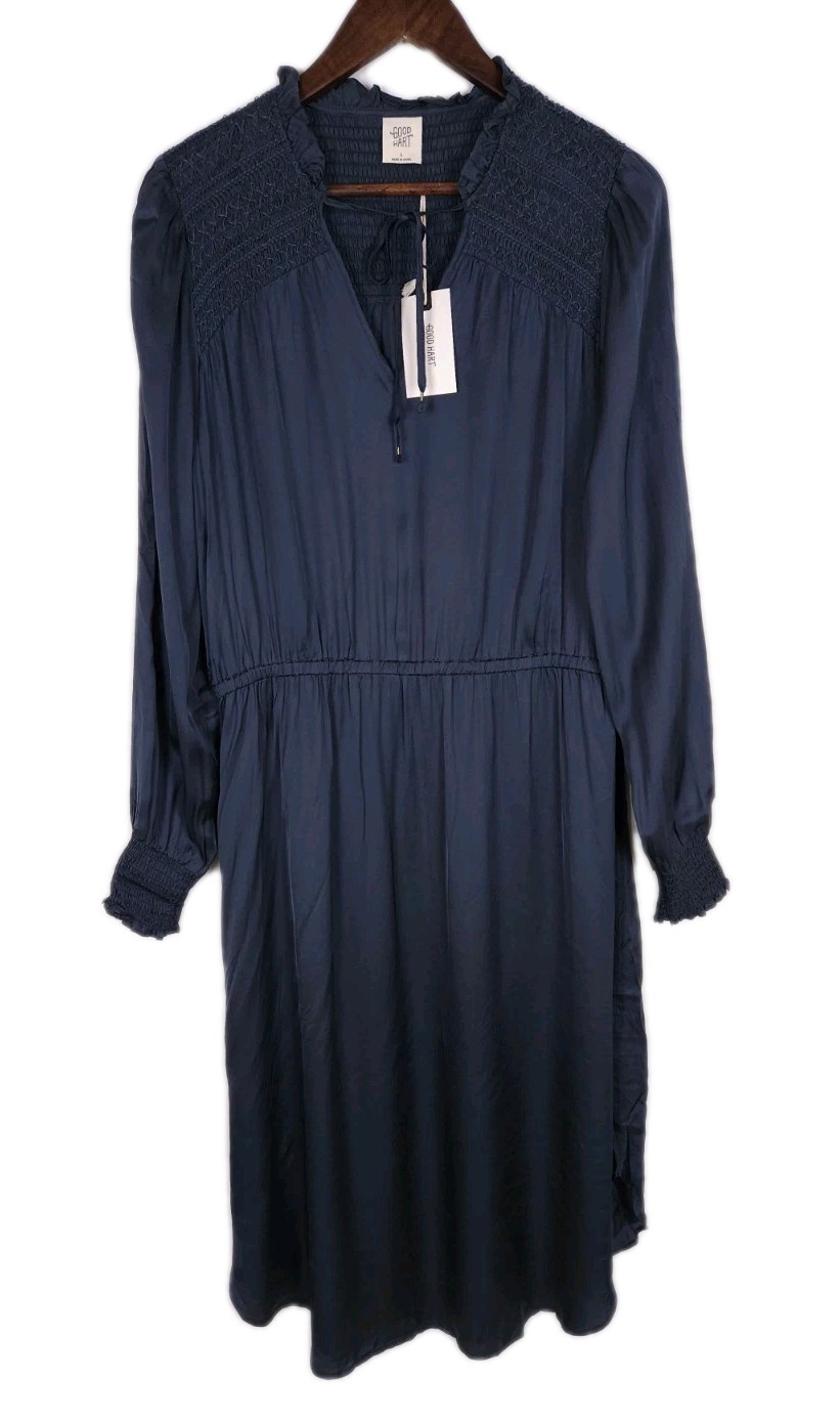 Matilda Jane Good Hart Large Gray Satin Smocked Beaufort Long Sleeve Midi Dress