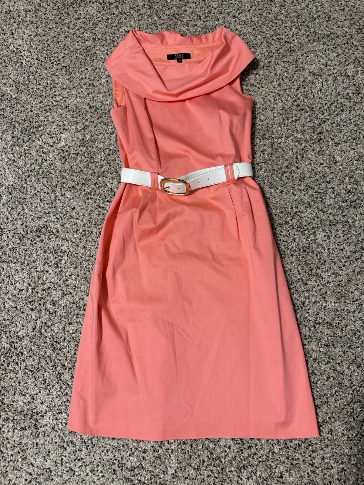 Alex Marie Pink Solid Sheath Dress Cowl Neck Sleeveless Belted Size 6 coral pink