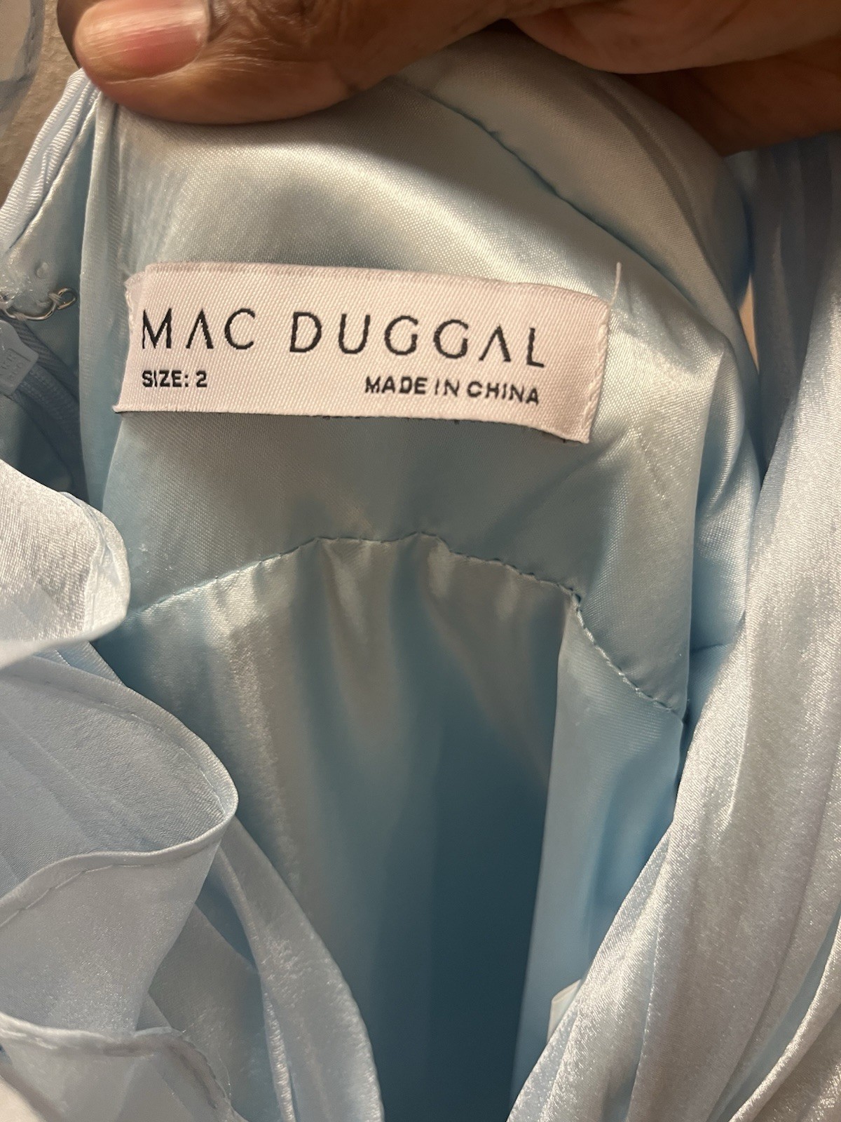 Mac Duggal Light Blue Chiffon One-Shoulder V-Neck Ruffle Long Gown Size 2