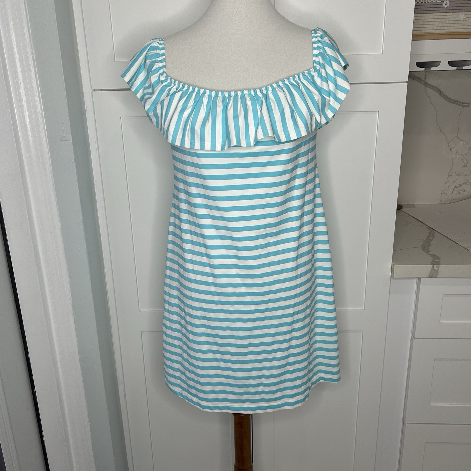 Sailor-Sailor Shoreline Striped Blue Dress Size XL Off the Shoulder Stretch